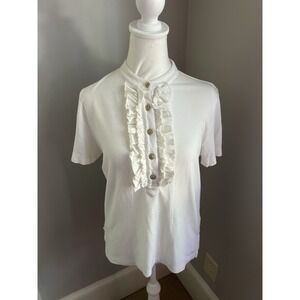 Women's Tory Burch polo style white ruffle Gold Button Logo Blouse